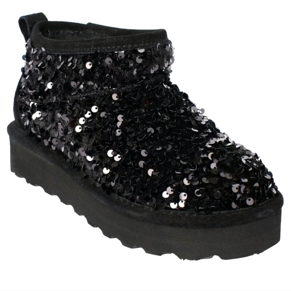 BearPaw Sydney Sequin Booties Black On Black NEW